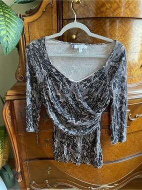 JLO Vintage Black Lace-Print Wrap Top
